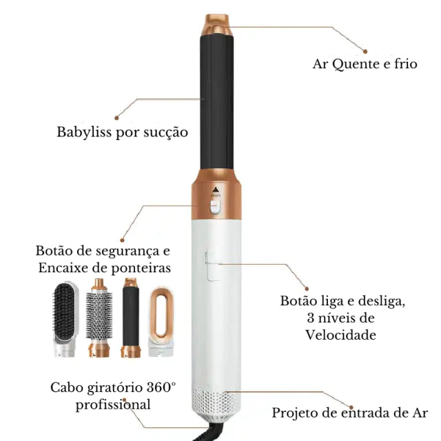 Escova secadora 5 em 1 que combina praticidade e versatilidade para todos os tipos de cabelo.